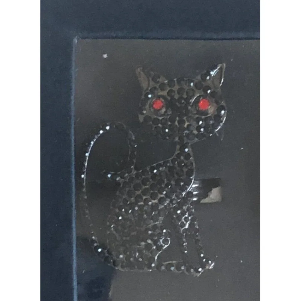 Tahari Halloween Napkin Rings Black Cat Red Eye Rhinestone Set of 4 Spooky